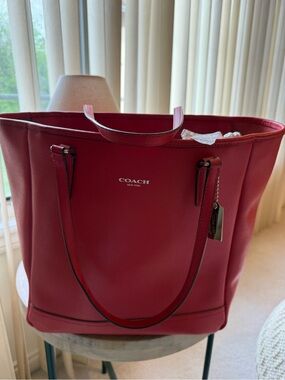 Coach Red Leather Tote with Signature Tag